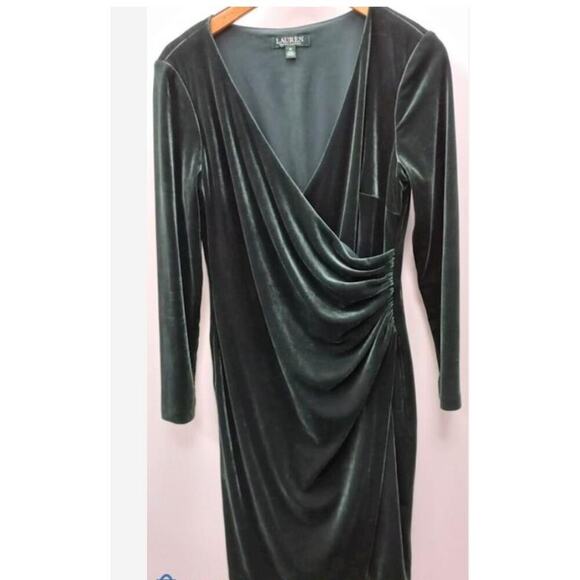Ralph Lauren Stretch Velvet Surplice Dress Emerald Green 10‎ $195 - Picture 2 of 3
